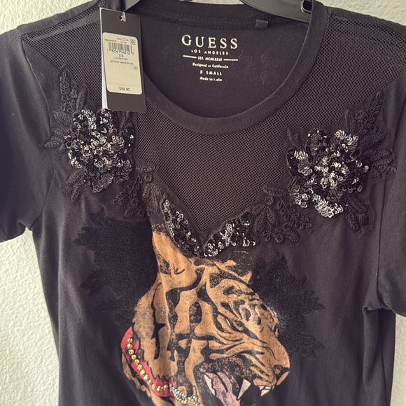 GUESS Embellished Mesh-Trim T-Shirt Jet Black - Picture 3 of 4